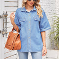 Wishfashion cross-border women's clothing trade  independent station new arrival denim single-breasted short-sleeved casual shirt for women