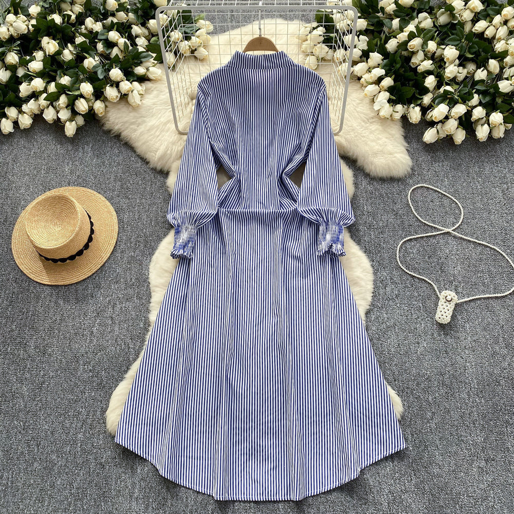 K-style chic style age-reducing stripesshirtdress women's long sleeves single-breasted slimming look longcasual skirt