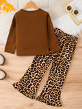 girls' two-piece set: brown long-sleeve top with leopard print bow detail and flared pants - casual kids' outfit
