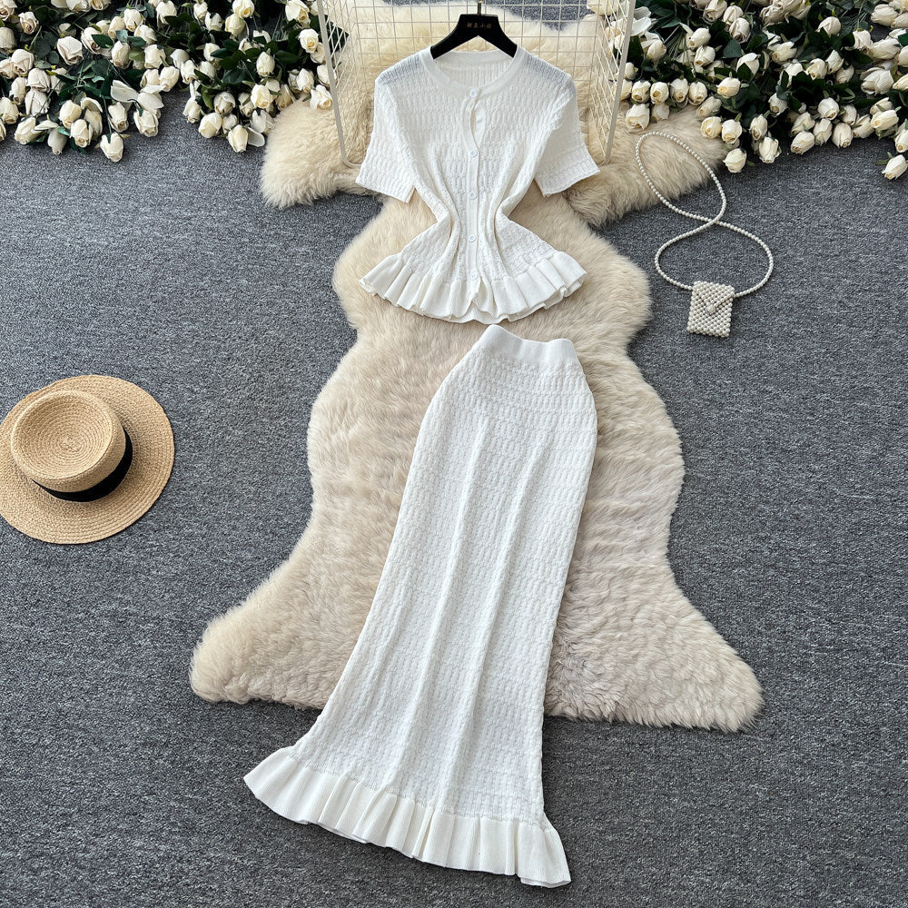 K-styleknittingrufflesilm two-piece set for women summer silm light mature elegance style work clothingelegantsuit