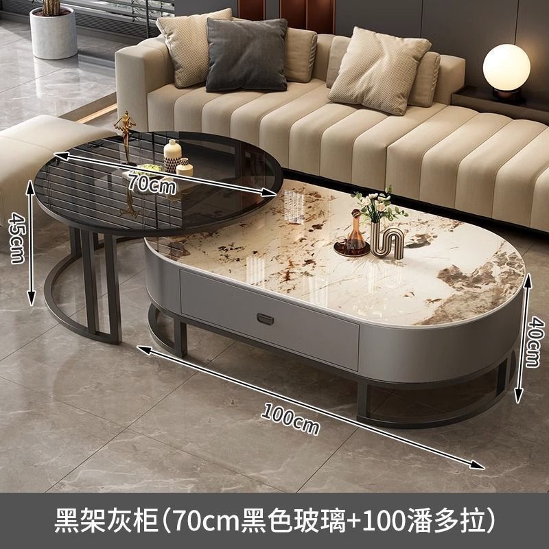 Italian light luxury oval glass coffee table living room home tea table high-end marble combination coffee table set