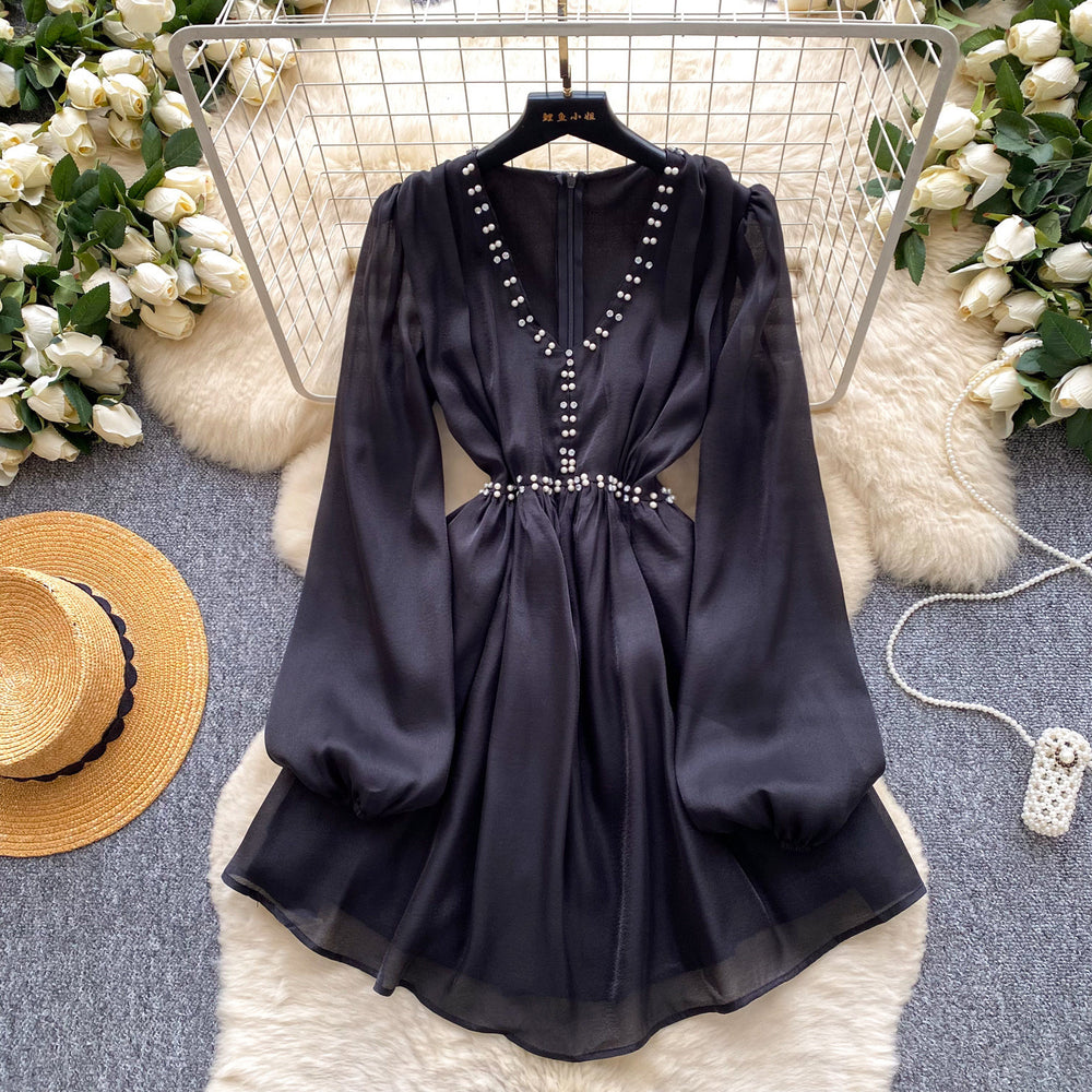 K-style heavy industry beading sexy pure desire dress women's summer purple v neck waist slimming lookelegant long skirt work clothing