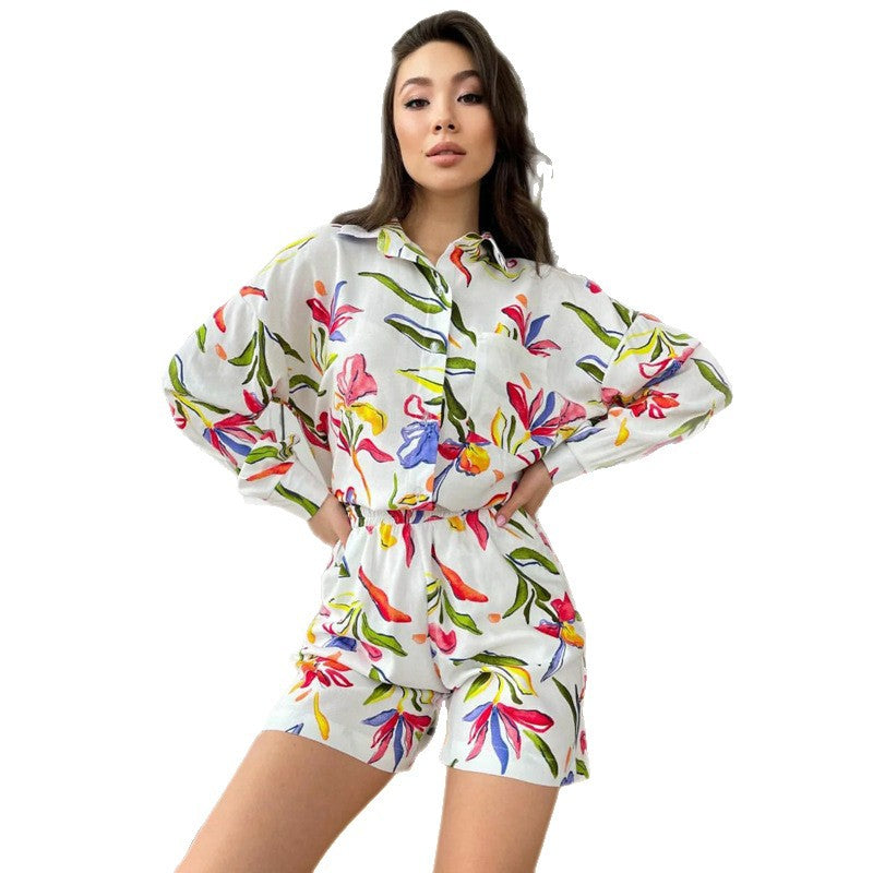 European and American large-size women's clothing fashion lapel cardigan shirt casual shorts   long-sleeved printing two-piece set women
