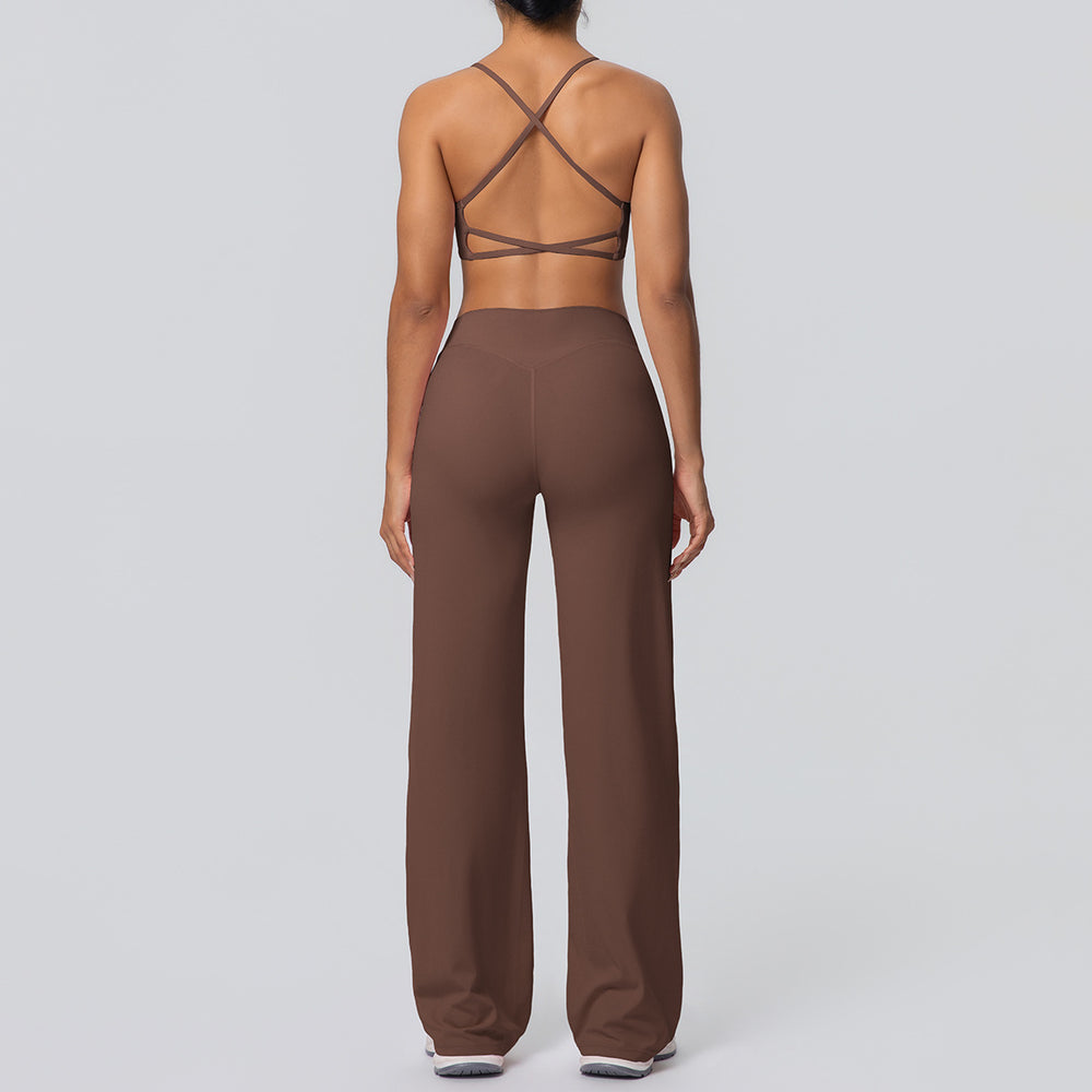 New arrival: cross-border brushed backless sports bra & breathable long-sleeve wide-leg yoga set - two-piece running & fitness outfit