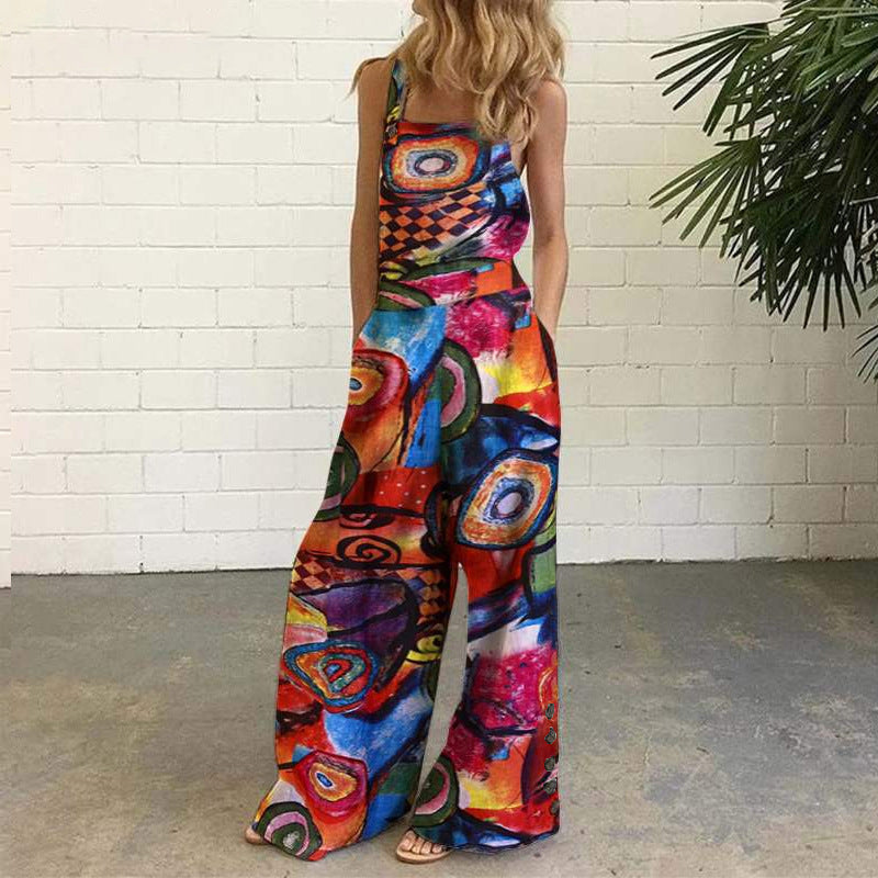 Independent station fashion  new  four-color polka dot wide-leg pants pants digital printing backless jumpsuit