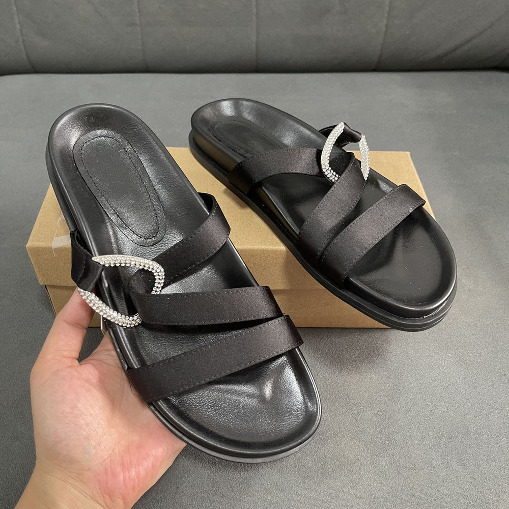 Spain 2024 summer new one-strap open-back women's shoes black rhinestone embellished flat round-toe european and american sandals
