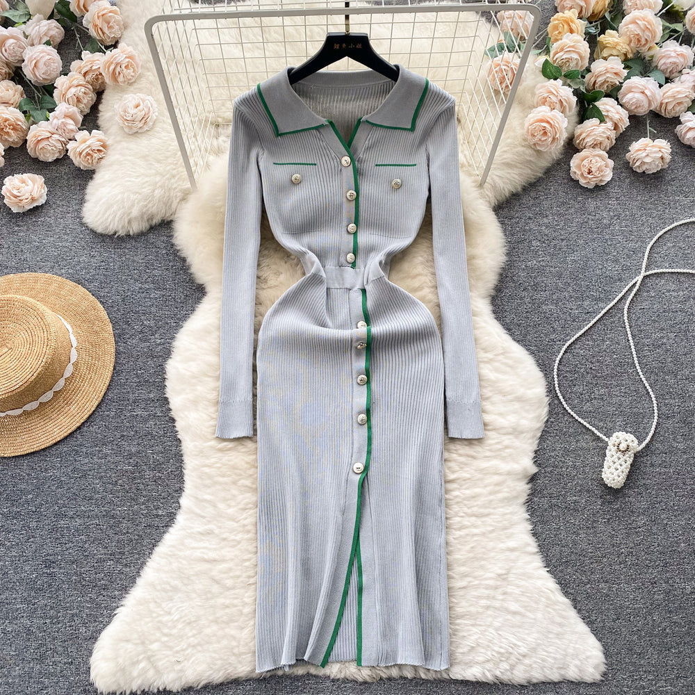 Korean chic autumn retro lapel color block single-breasted waist-defining slimming elegant slit bodycon knit dress