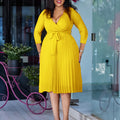 women's fashion  new arrival: stylish, elegant, casual, solid color v-neck long sleeve pleated skirt foreign trade dress