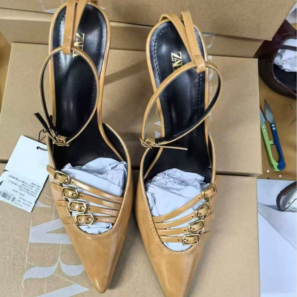 Za2025 blue fairy high heels niche 2025 baotou sandals shoes pointed toe flats autum season french new