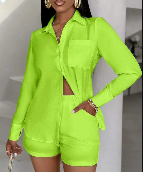 european and american style women's export fashion: elegant solid color pocket long sleeve shirt + shorts two-piece set