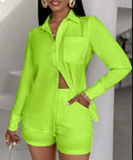 european and american style women's export fashion: elegant solid color pocket long sleeve shirt + shorts two-piece set