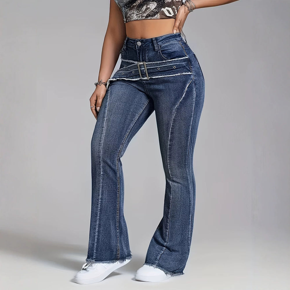 Jeans women's cross-border high waist belt raw edge patchwork micro-flared pants washed silmlong denim summer thin style