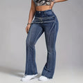 Jeans women's cross-border high waist belt raw edge patchwork micro-flared pants washed silmlong denim summer thin style