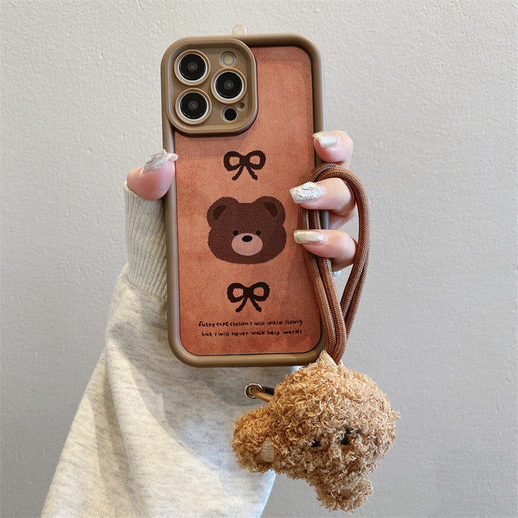 Autumn and winter high bamboo suitable for iphone18pro plaid bear mobile phone case apple 17/15 bear lanyard protective cover