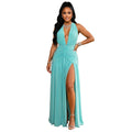 C7778 cross-border  new women's deep v halter neck ruched high slit maxi dress evening party gown