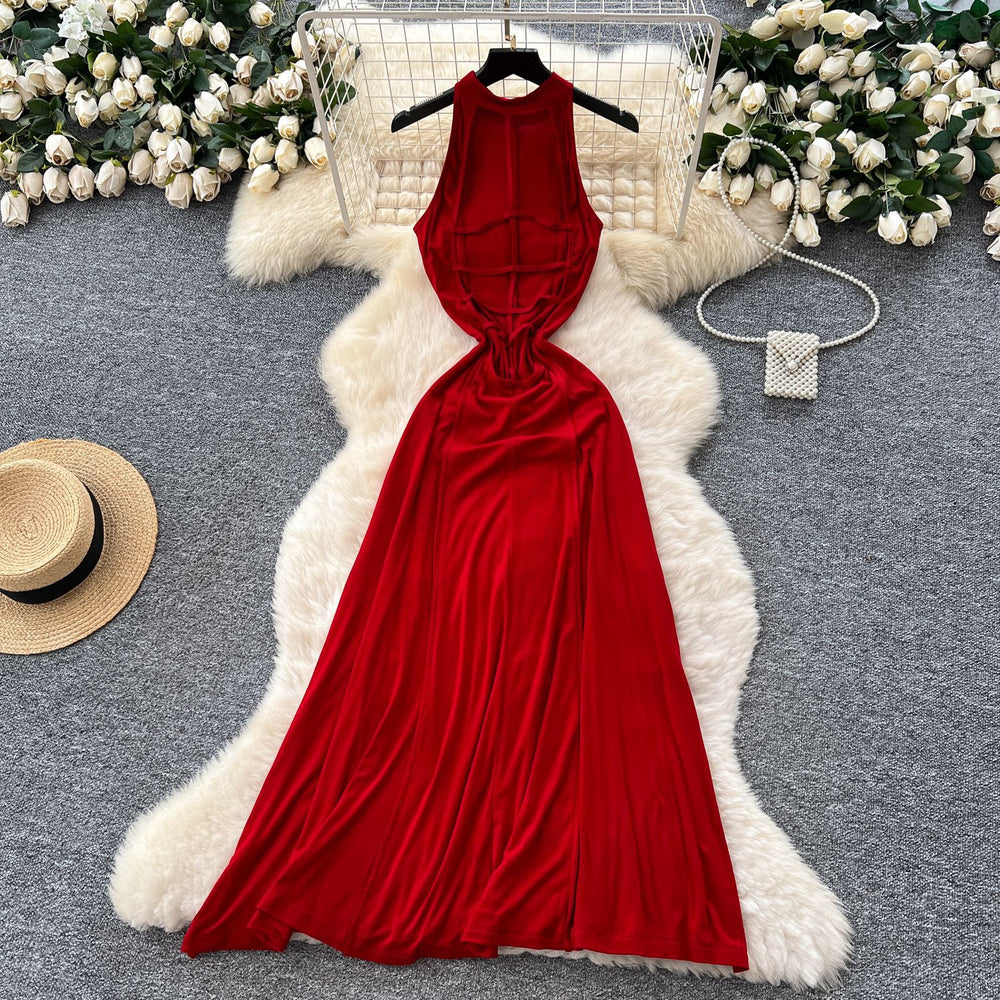 European and american pure desire style sleeveless dress women's summer sexy backless waist slimming look hot girl chic large swing long skirt