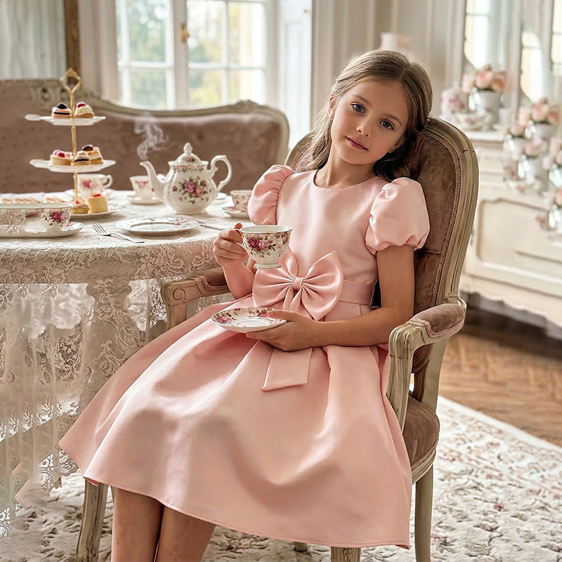 Girls' satin princess dress - pink sweet style birthday outfit, stylish children's dress, first birthday gown for girls