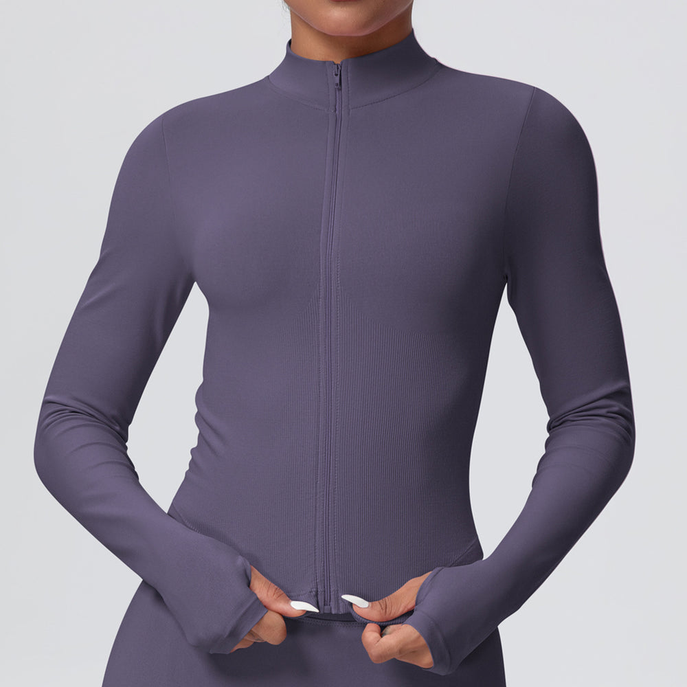 European and american seamless stand collar zipper long sleeve yoga jacket women's tight-fitting quick-dry outerwear running fitness apparel sports top