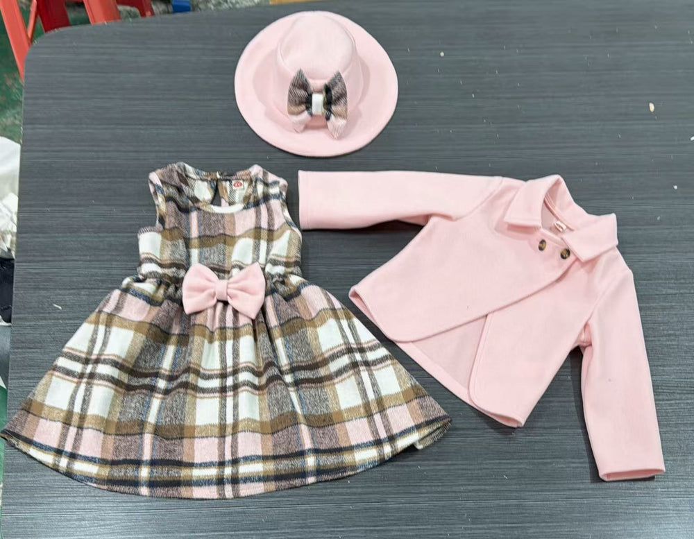 exclusive supply of elegance woolen outwear + plaid a-skirt + bow hat fall and wintergirlsuit three-piece set