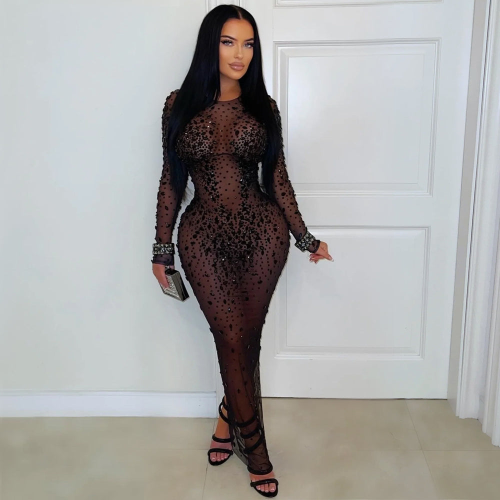 C7596 cross-border   fashion women's sexy see-through mesh rhinestone bodycon dress