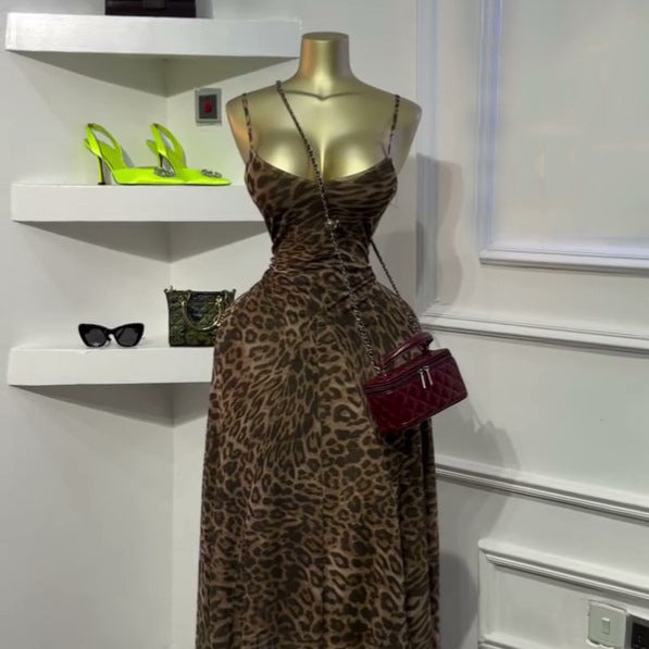European and american cross-border women's fashion:  summer new sexy leopard print bandeau bodycon maxi slip dress