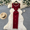 French hepburn style burgundy knittingdress women's summerk-style single-breasted silmelegant long skirt work clothing