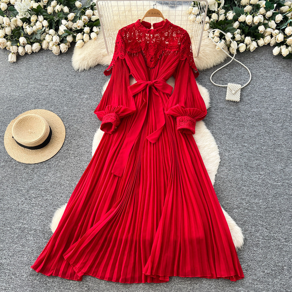 Elegant red lace pleated dress - women's unique tie-waist a-line maxi dress for work and everyday style