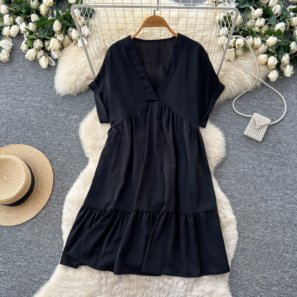 K-stylev neck short-sleeved casualelegantdress women's summercasuallooseslimming look flesh-covering a-line skirt work clothing