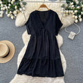 K-stylev neck short-sleeved casualelegantdress women's summercasuallooseslimming look flesh-covering a-line skirt work clothing