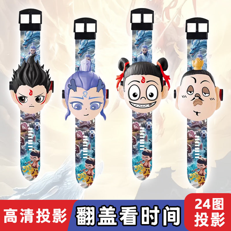 Nezha: the demon child rages in the sea - third prince electronic watch with 24 projection patterns, flip-top cartoon watch toy