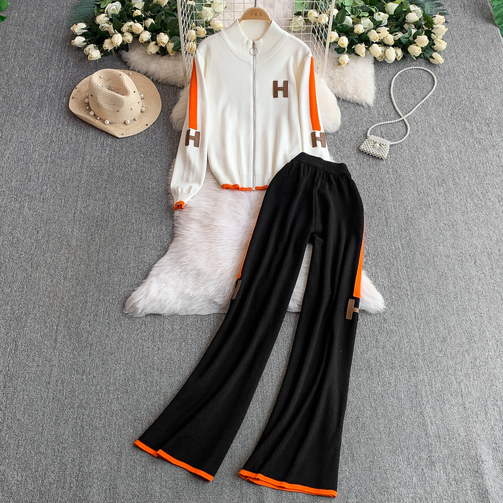 Fashionable activewear set: casual zip-up stand collar long sleeve knit jacket + high-waisted slimming wide-leg pants with double stripes