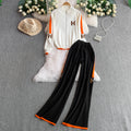 Fashionable activewear set: casual zip-up stand collar long sleeve knit jacket + high-waisted slimming wide-leg pants with double stripes