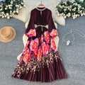 European and american style high-end beaded and printed pleated dress - women's gradient korean style long sleeve pearl button pleated maxi dress - commute friendly