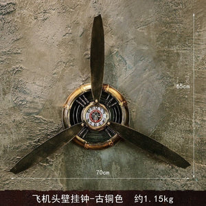 Retro industrial style wall clock - propeller airplane head design - creative home decor wall hanging iron art e18