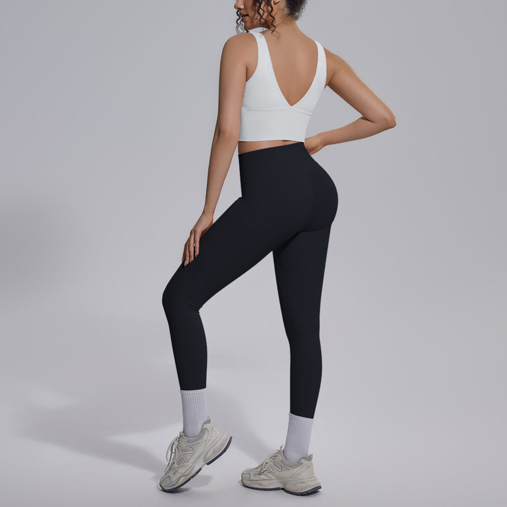 pure color double-sided brocade v-shaped beautiful back breathable tight-fitting yoga suit sports running fitness two-piece set for women
