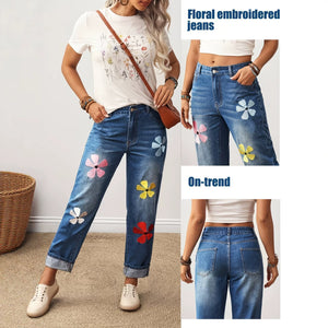 European and american style colorful floral embroidered rolled hem straight-leg jeans - women's washed high-waisted loose cropped jeans - cross-border hot seller