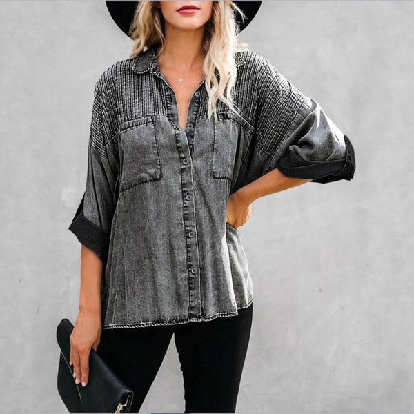 Europe and the United States  for loose long-sleeved shirts 2025 spring thin five-quarter-sleeved casual denim tops Lazy
