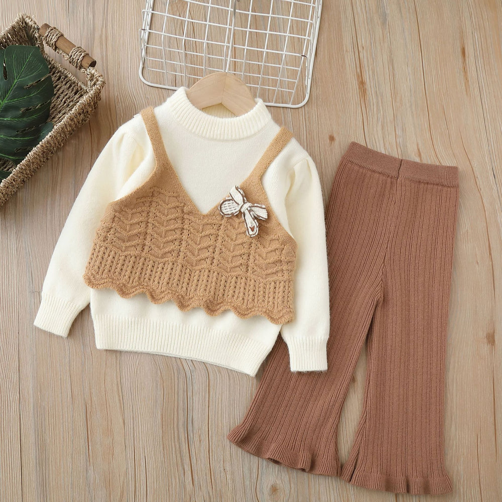 Girls' knitted sweater two-piece set -  autumn/winter new collection - bowknot cardigan and knit sweater outfit for little girls