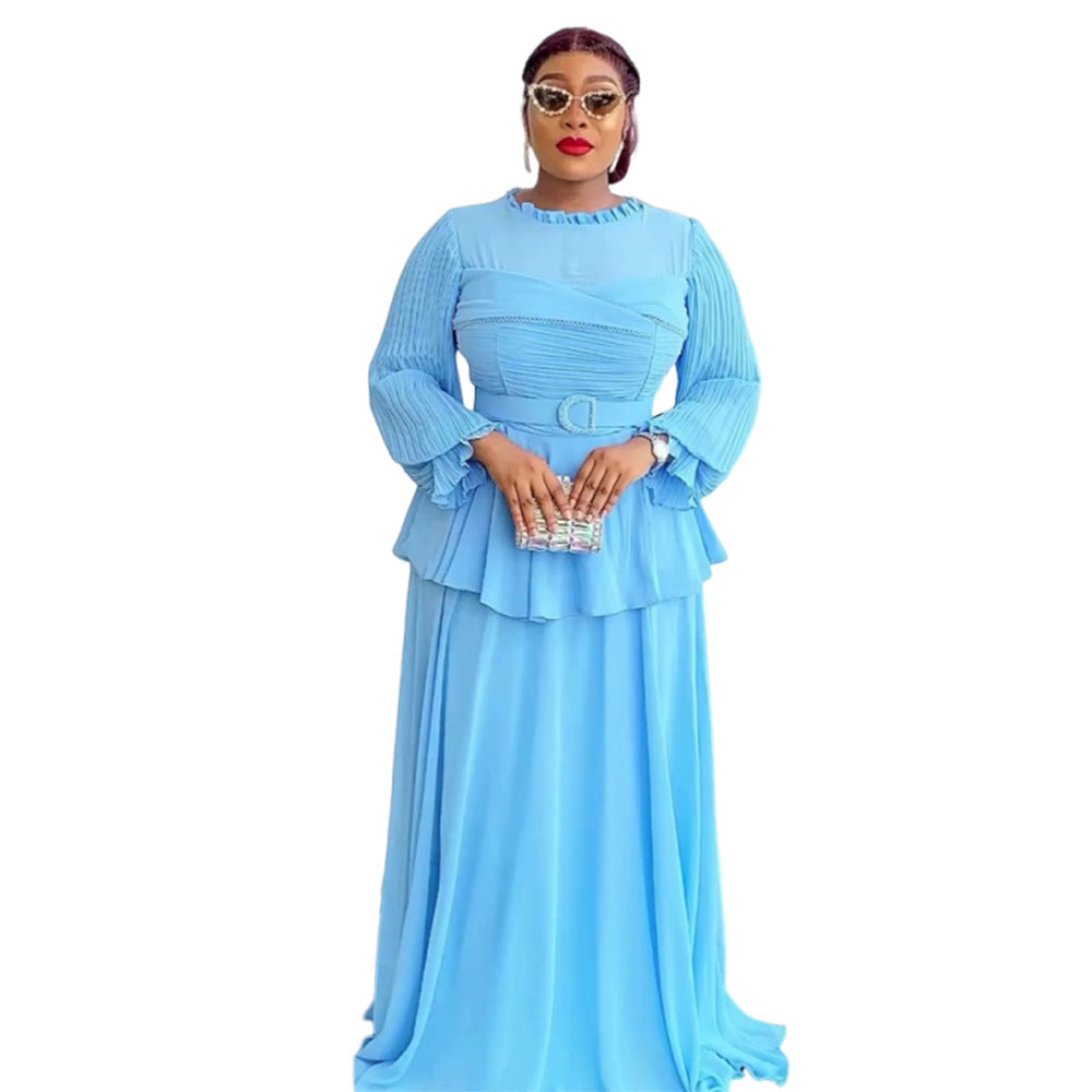 African plus-size women's fashion: european and american style ruffle trim, pleated long sleeve dress - perfect for  & cross-border e-commerce