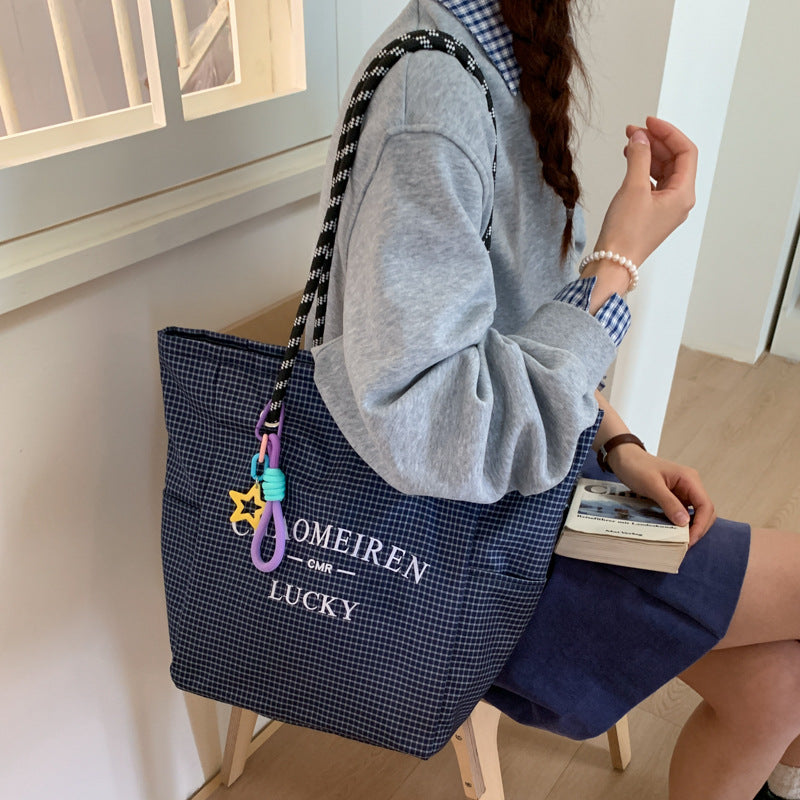 Korean style minimalist canvas tote bag for women, 2025 new arrival, super popular large capacity tote, plaid striped versatile shoulder bag