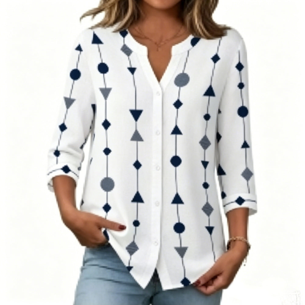 new european and american style women's v-neck printed shirt casual long sleeve t-shirt