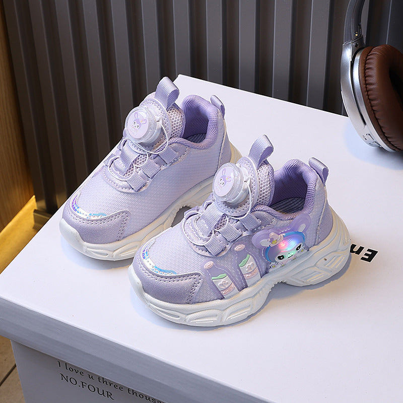 Girls' spring new collection: kids' chunky sneakers with swivel buckle, cartoon design, light-up detail, soft sole, and breathable running shoes
