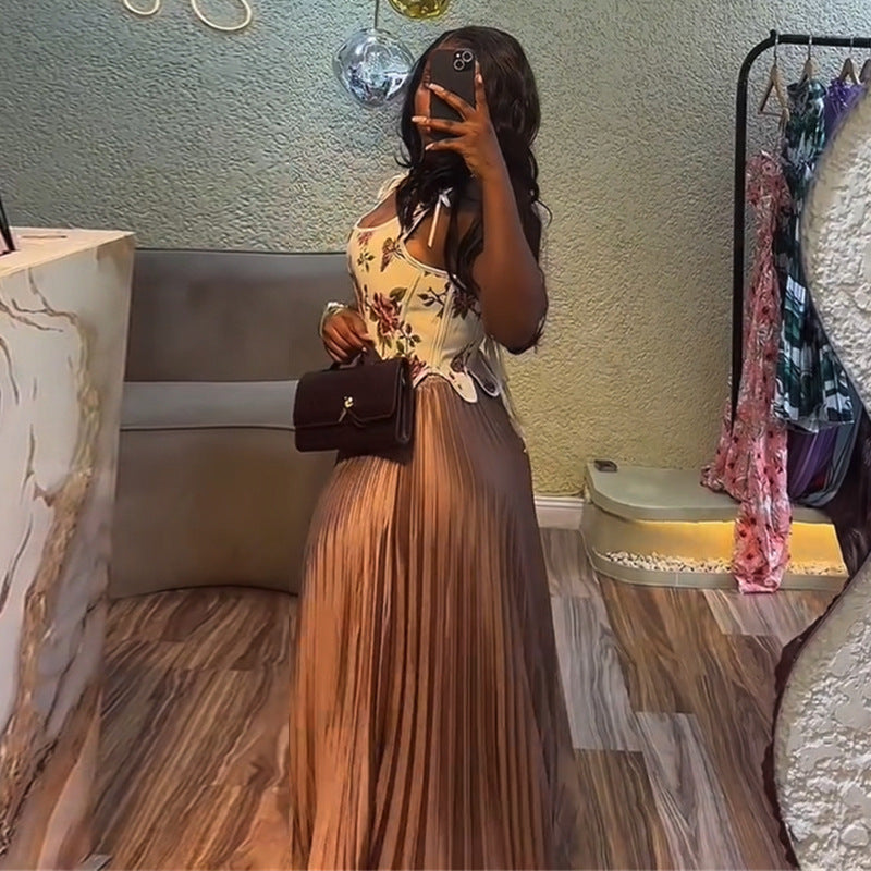 European and american women's clothing  summer new sweet and fresh printed cinched waist tank top and high-waisted pleated skirt two-piece set