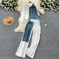 Hong kong style casual set: women's fashionable design, faux two-piece hoodie sweatshirt with high-waisted denim patchwork wide-leg pants