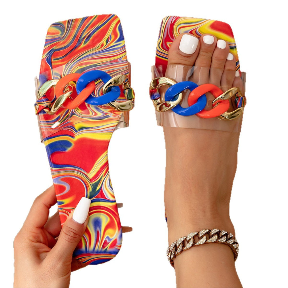 Women's flat sandals colorful cross-border women's shoes amazon fashion style huizhou women's shoes square toe slippers chain vacation