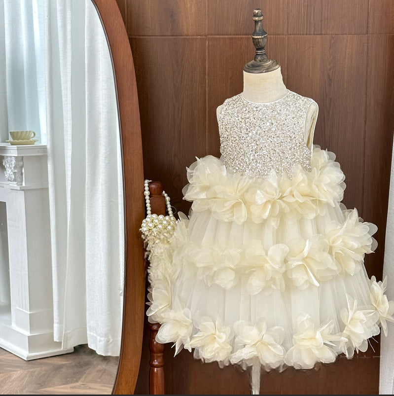 summer girls' dress petal hem high-end formal gown sequined sleeveless soft tulle vest princess dress wholesale