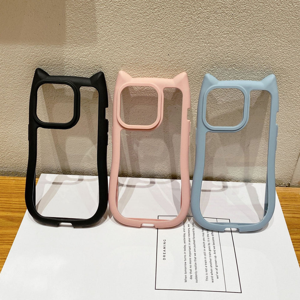 New apple 17 pro max compatible minimalist solid color cat ear phone case, iphone 15 drop-proof pc protective cover