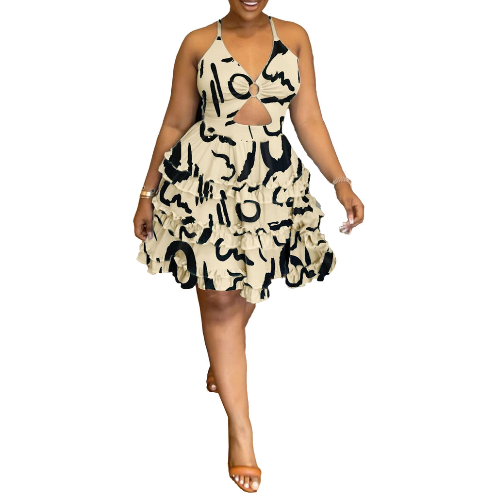 S10538 European and American, sexy, slim fit, printed fungus edge elastic cross suspender hollow cake dress dress