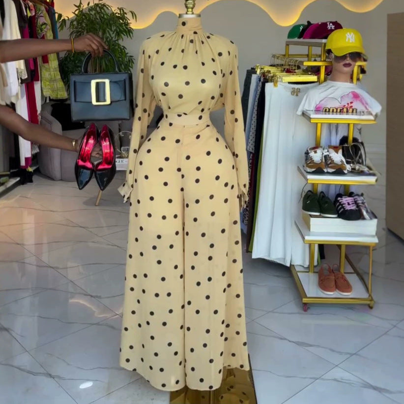 European and american cross-border women's clothing:  summer new arrival - elegant and chic polka dot blouse with high-waisted wide-leg pants casual set