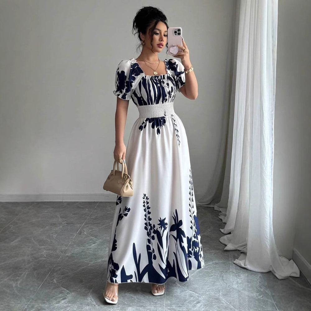 summer  fashion new arrival puff sleeve high waist waist printing women's large swing suspender dress